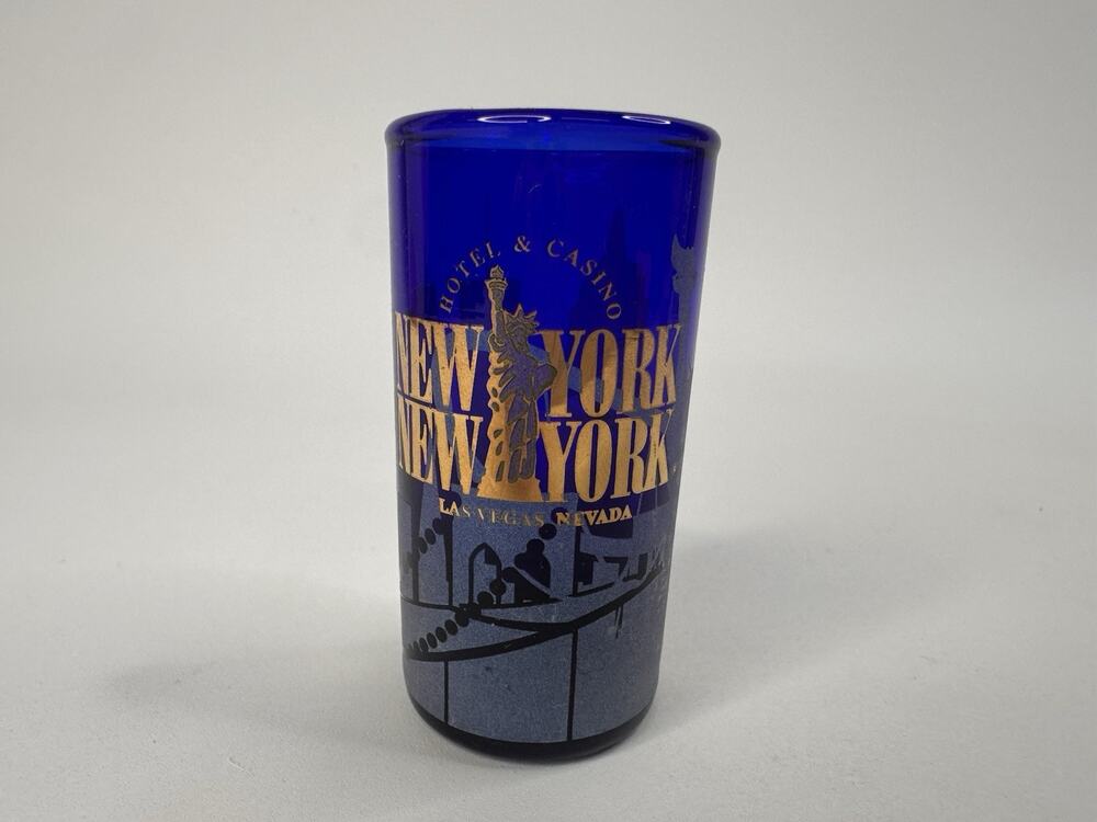 New York New York casino Las Vegas twin towers vintage shot glass Cobalt Blue